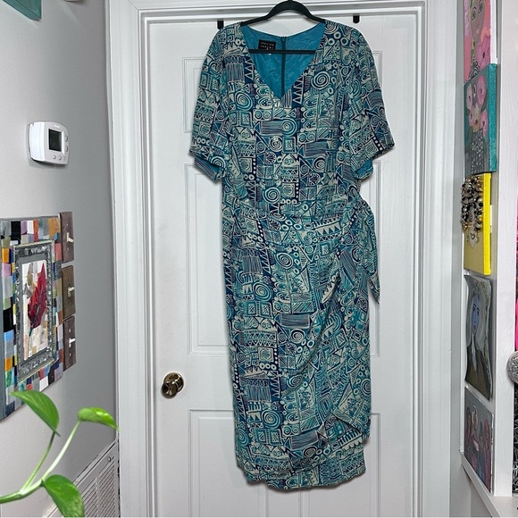Silk Dress - Size 24 Slimming Faux Wrap by Spenser Jeremy Blue Geometric Midi - Picture 1 of 14